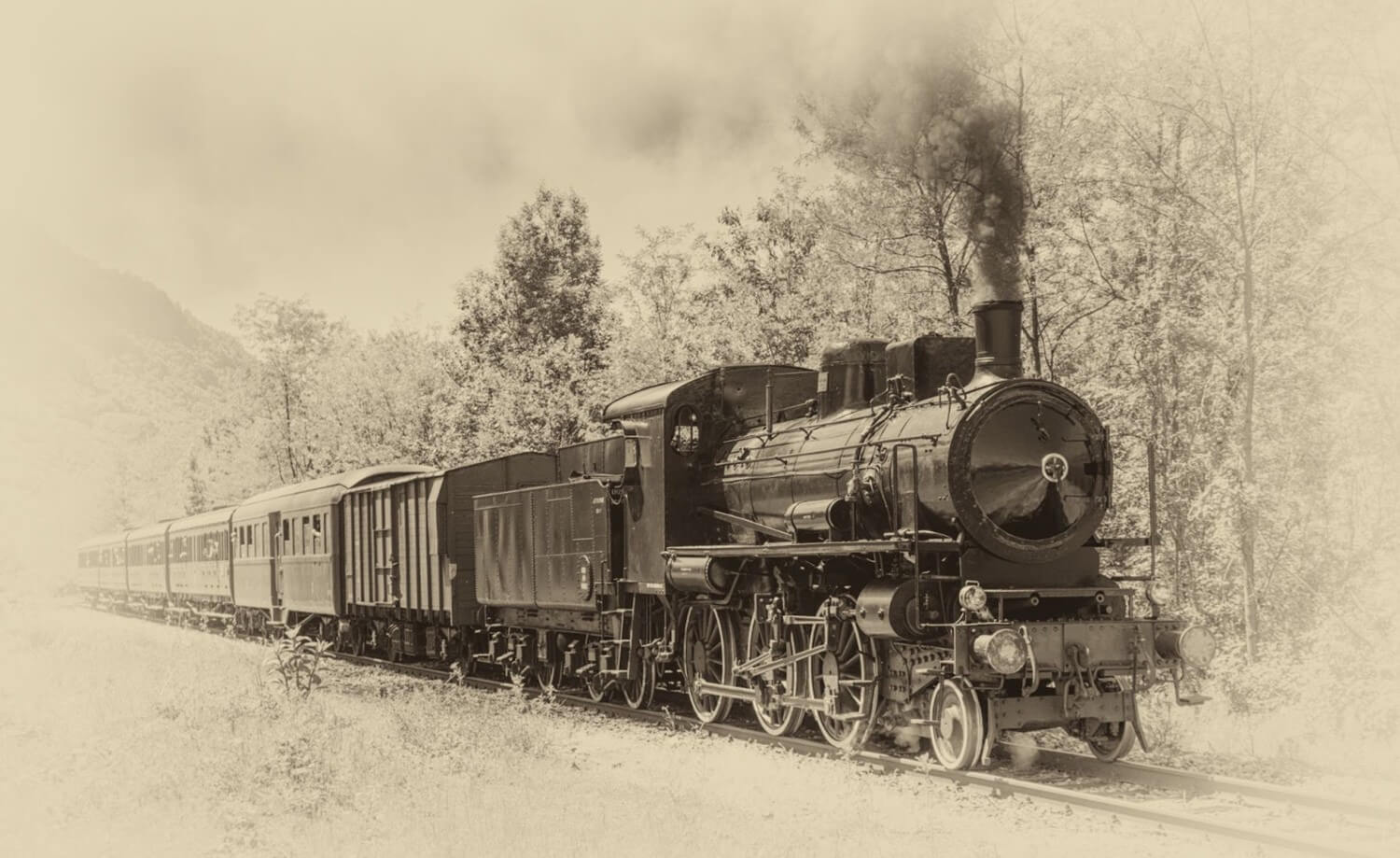Old Train on Railway With Steam